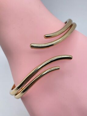 Gold Tone Hinged Cuff Bangle Bracelet Minimalist Sleek Stackable